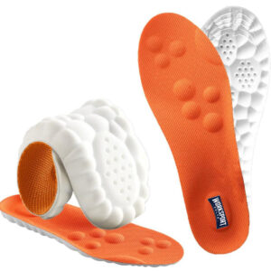 Flexible orange and white shoe insoles with cushioning design.