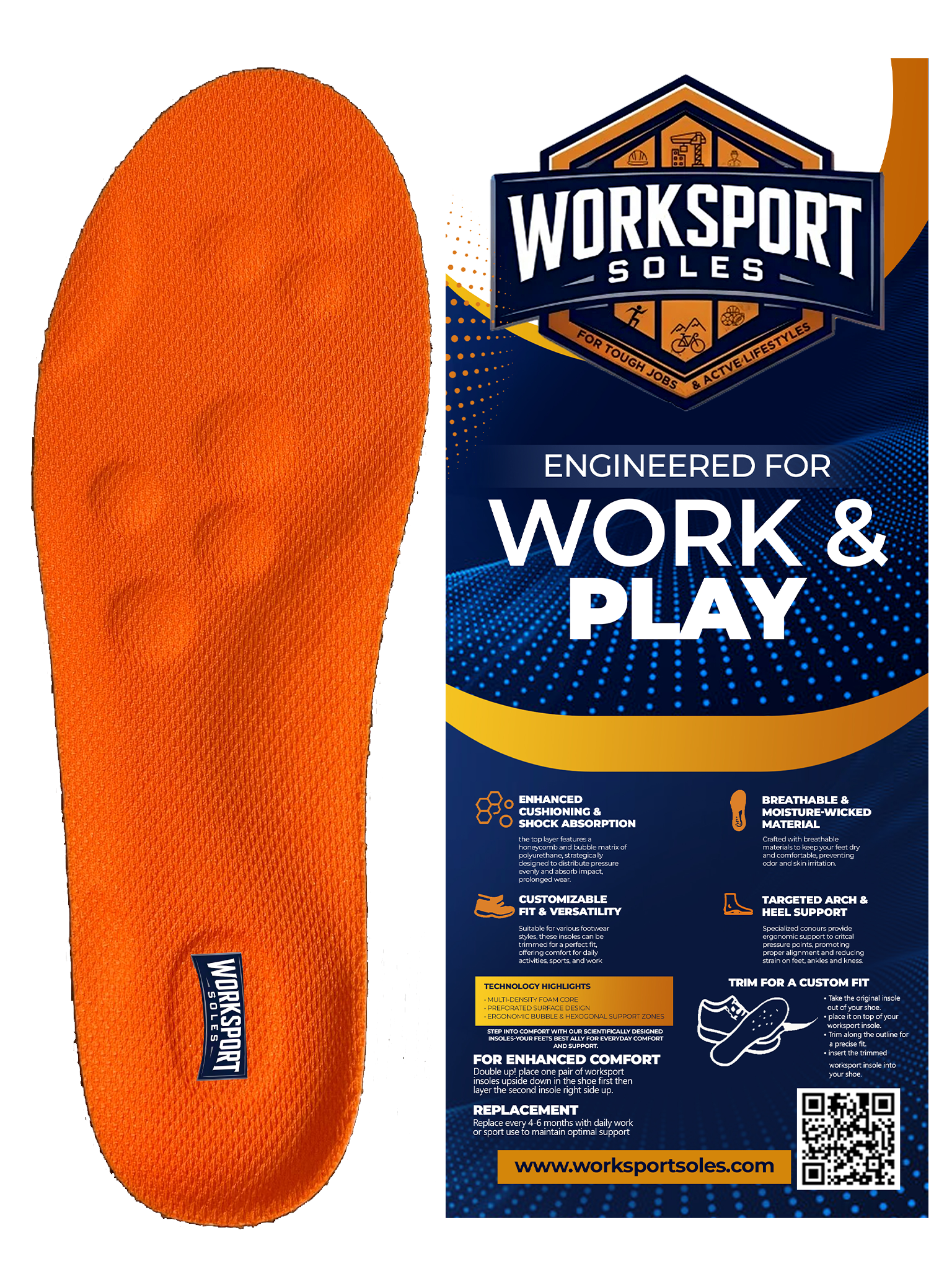 Close-up of an orange Worksport shoe sole designed for durability and comfort.